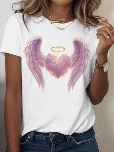 T-Shirt da Donna Christiano con Grafica Ali d'Angelo Bianche e Aureola a Cuore, Manica Corta, Collo Tondo, Casual, 100% Cotone, Stampa Digitale - Product Image 3