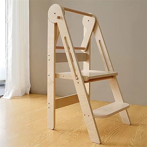 Children's Solid Wood <b>Step</b> <b>Stool</b> With Armrests Foldable Kitchen Chair For <b>Toddlers</b> Minimalist Design Natural Color - Product Image 2
