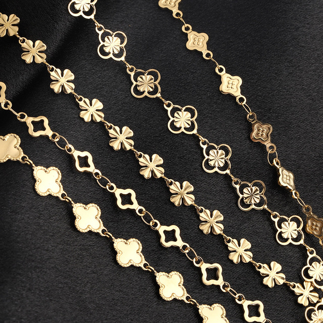 18K PVD Gold Plated Stainless Steel Diamond Four-Leaf Clover Geometric Link Chain for DIY Bracelets Anklets Jewelry Accessories