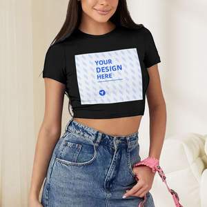 Tops courts d'été pour femmes de haute qualité, écologiques, à manches longues, en tissu dobby crocheté, avec nombril apparent, t-shirt personnalisé avec logo, mignon - Product Image 1