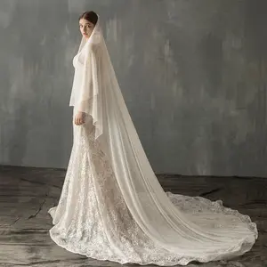 HY 2312 V640 white long high elastic mesh bridal veil and simple double tail soft yarn wedding headwear wholesale