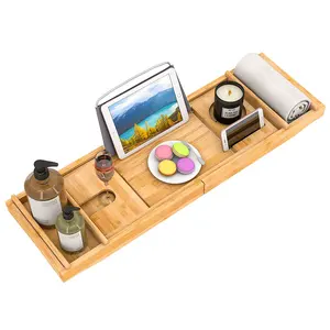 2023 Adjustable bathroom bamboo wooden bathtub bath tub caddy trays