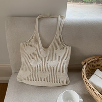 Tas Tote Rajut Jala Bunga dengan Renda Botani, Warna Ivory Cream, Model Bahu Datar, Cocok untuk Belanja, Yoga Studio, Logo Custom, MOQ Rendah