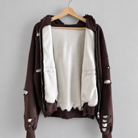 Sweat-shirt à capuche zippé pour homme, délavé et vieilli, doublé en maille gaufrée, coupe oversize, effet déchiré, style vintage Y2K streetwear, vente en gros