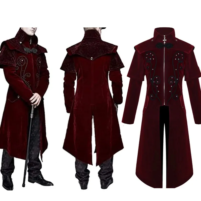 Abrigo de estilo Medieval Steampunk para hombre, abrigo rojo, traje de Cosplay de la Edad Media, Victoriano, Nobles, esmoquin