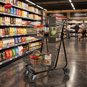 รถเข็นช็อปปิ้งสองชั้นแบบมีกันชน สีดำ ทำจากโลหะ เหมาะสำหรับร้านสะดวกซื้อ - Product Image 2