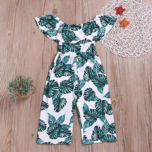 Ropa de Verano, Mono con Estampado de Hojas y Hombros Descubiertos para Niña, Pantalones Anchos de Cintura Alta, Traje para el Sol, Mono para Bebé Niña - Product Image 3