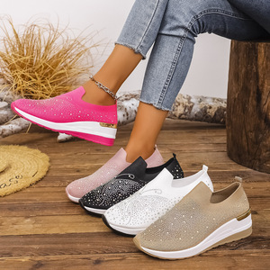 <b>Women</b> <b>Slip</b>-On Mesh Flat Shoes Rhinestone Decorated Lightweight Breathable Cushioning Chunky Sole Walking Style Casual Wear - Product Image 1
