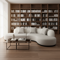 Canapé d'angle modulable moderne en tissu gris clair, trois places, design incurvé, avec coussins sans accoudoirs en éponge noire pour salon
