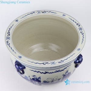Pot de fleurs grand modèle RZFH22 bleu et blanc peint à la main avec motif des Huit Immortels traversant la mer et tête de lion - Product Image 3