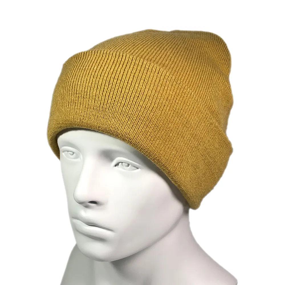 Cuffed beanie hats with custom patch label logo embroidered logo unisex thick caps luxury knitted chunky knit yellow beanie hat