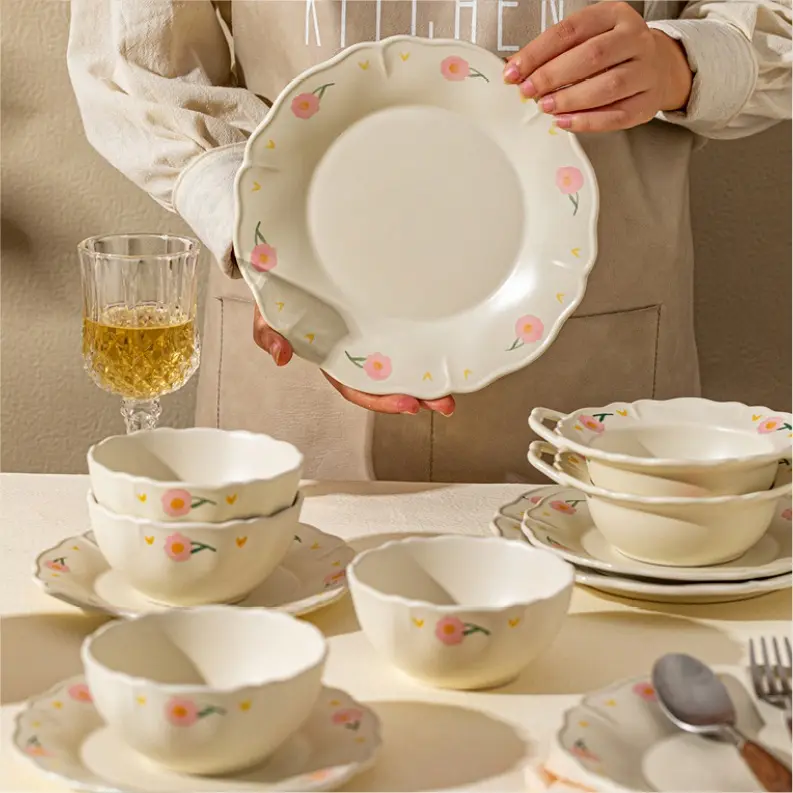 2023 New Design Dinner Plate Peony Spring Series Fresh and Lovely Bowl Plate Chopsticks Household Tableware, Ceramic Rice Bowl
