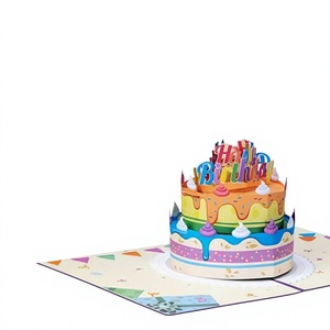 Carte de vœux d'anniversaire 3D pop-up au design original ZS-PC0077, 5x7 pouces, couverture violette avec gâteau coloré pour les détaillants en ligne - Product Image 1