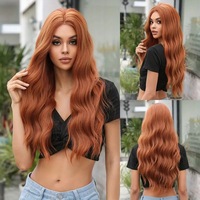 Wig rambut sintetis MEILASI, gelombang air panjang alami warna ginger copper, belahan tengah, serat tahan panas, untuk wanita.