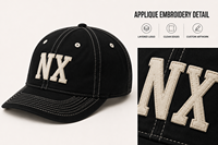 Casquette de baseball 5 panneaux marine personnalisable avec logo, patch lettres crème, surpiqûres contrastées, visière incurvée, broderie, respirante et imperméable