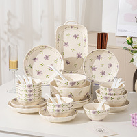 Ensemble de bols et plats en céramique haut de gamme, motif végétal de style japonais, compatible micro-ondes, couleur violet sous glaçure, pour la vaisselle domestique
