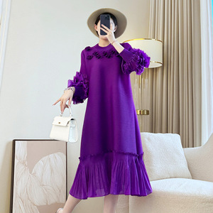 <span class=keywords><strong>Abito</strong></span> Miyake da <span class=keywords><strong>donna</strong></span> a pieghe con Design ricamato <span class=keywords><strong>elegante</strong></span> stile Casual manica lunga e moda europea americana Plus Size - Product Image 3