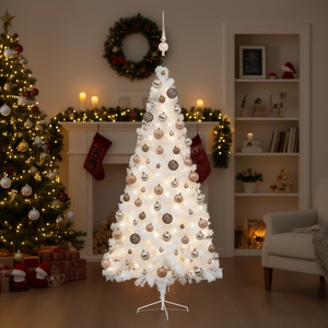 Árbol de Navidad Artificial Blanco Preiluminado de 70.9 Pulgadas con Adornos de Bolas, Luces LED Cálidas, Base para Interior - Product Image 2