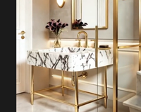 Meuble-lavabo de salle de bain de luxe sur mesure pour espace ouvert, en laiton poli brillant doré, montage facile, en acier inoxydable 304 durable