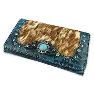 Hot Selling Cowhide Women Purse Western Vintage Leather Wallet For Women Tooled PU Real Horse HairLeather Long Wallet