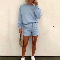 Ensemble deux pièces décontracté pour femme, respirant, personnalisable, motif uni, sweat-shirt à manches longues, short au-dessus du genou, tissu tricoté