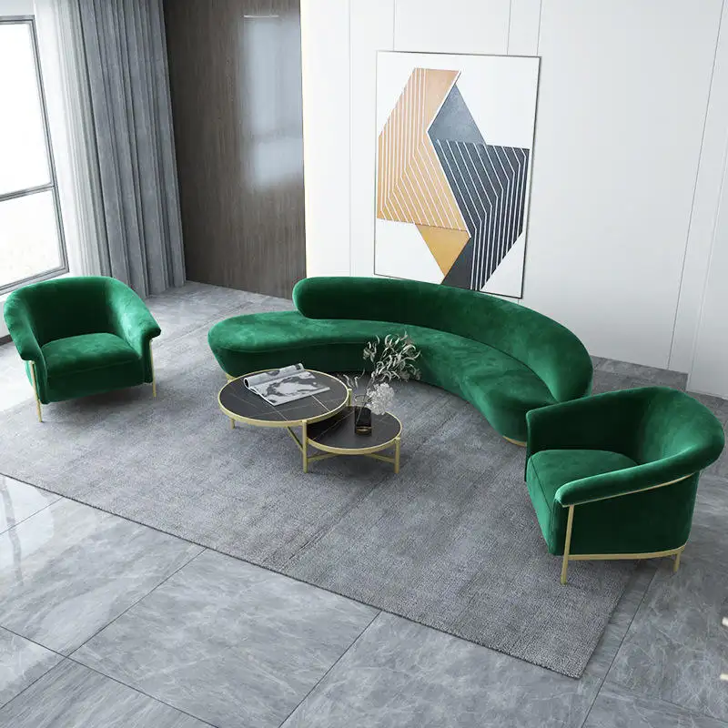 Moderne Gouden Basis Blauw Fluwelen Gebogen Lobby Receptie Lounge Salon Kantoor Wachtbank