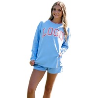 Ensemble sweat-shirt et short bleu à double taille KY pour femme, avec patch lettre à carreaux, pull oversize, tenue décontractée deux pièces, logo personnalisé