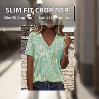 T-shirt imprimé à manches courtes et col en V pour femmes grandes tailles, motif abstrait vert, coupe classique, vêtements pour adultes