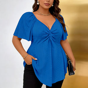 Blusa de Manga Acampanada con Cuello en V y Detalle de Ojal en la Parte Delantera, Talla Grande, Color Azul Rey, Spandex/Poliéster, Estilo Dulce, Transpirable, Nueva Colección 2026 - Product Image 6