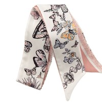 Pañuelo de seda largo y cuadrado con diseño de nube primaveral, mariposa y racimo de flores, retro, elegante, para mujer, con lazo para el pelo, estilo musulmán