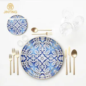 Antiguo conjuntos de vajilla china de hueso fino azul y blanco patrón platos de cena conjuntos con borde de oro