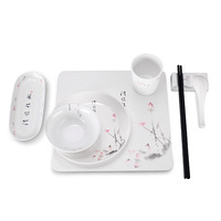 Ensemble de vaisselle commerciale de luxe légère bols à riz jetables en mélamine assiettes kit complet d'ustensiles porcelaine rétro de haute qualité