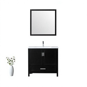 Meuble-lavabo autoportant en bois massif, moderne et écologique, avec miroir encadré, vasque en céramique, résistant à l'eau, style ferme, pour hôtel - Product Image 1