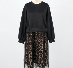 Robe longue d'automne pour femme, col rond, sweat-shirt imprimé léopard, maille ajourée, fabricant de vêtements sur mesure - Product Image 4