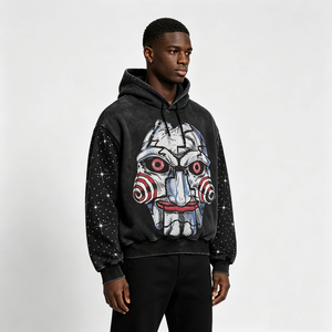 Sudadera con capucha vintage lavada con gráfico de terror <span class=keywords><strong>Saw</strong></span> Puppet para hombre, personalizada con estrella de diamantes de imitación en la manga, estilo streetwear, oversize - Product Image 3