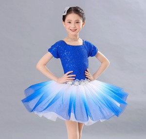 Costumi da Danza per Ragazze, Body Blu con Paillettes per <span class=keywords><strong>Donne</strong></span>, Tutù da Balletto, Abito Corto con Maniche Corte e Paillettes per Bambine, Costumi da Balletto per Esibizioni - Product Image 1