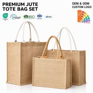 Ensemble de sacs fourre-tout en jute naturel avec logo personnalisé, sac de shopping en toile de jute avec poignée en corde de coton - Product Image 1