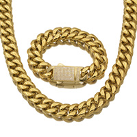 Chaîne cubaine Miami en acier inoxydable plaqué or 18 carats PVD, largeur 18 mm, style hip-hop, avec boucle en zircon