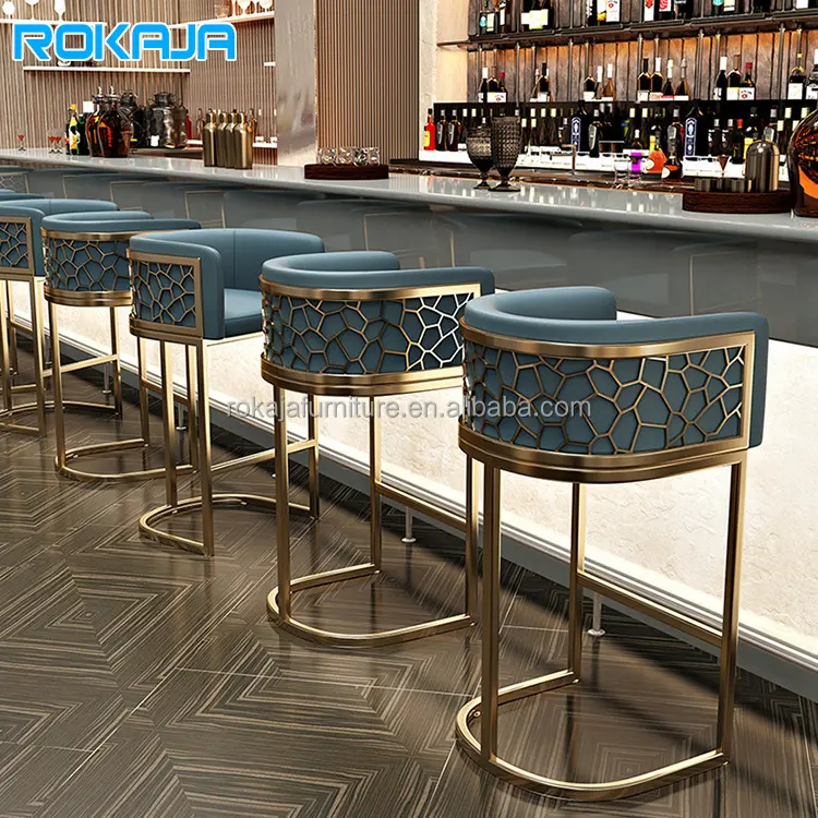 Wholesale High Bar Chair U-Shaped Honeycomb Back Design Bar Stools Luxury Gold Stainless Steel Feet Coffee Shop High Chair