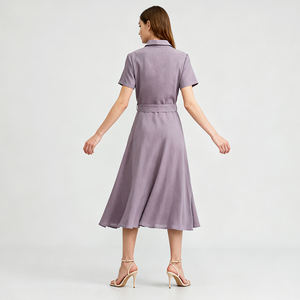 เดรสเชิ้ตแขน<span class=keywords><strong>สั้น</strong></span>สีลาเวนเดอร์สำหรับ<span class=keywords><strong>ผู้หญิง</strong></span> พร้อมเข็มขัด ทรงมิดิ ชา<span class=keywords><strong>ย</strong></span>กระโปรงบาน เหมาะสำหรับใส่ทำงานลำลอง - Product Image 2