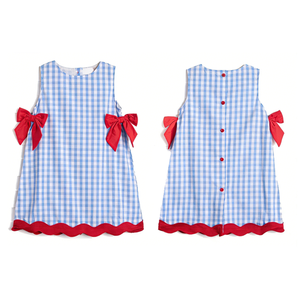 Ropa Infantil: Pelele Vintage Azul a Cuadros Vichy para Niña, Conjunto a Juego con Volantes y Ribete Festoneado, Pelele de Bebé a Cuadros con Lazo Rojo, Vestido de Verano - Product Image 3