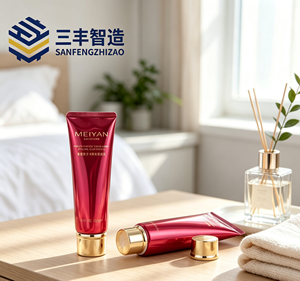 หลอดบีบ PE สีแดงเบอร์กันดีแบบมันเงา พร้อมฝาปิดทรงกลมแบนเคลือบทอง สำหรับผลิตภัณฑ์ทำความสะอาดผิวหน้า - Product Image 3