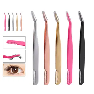 Customized Colorful Rose Gold Black Rubber Painting Eye Lash Extension Applicator Eyelash Tweezers with Comb