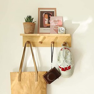 Wooden <b>Wall</b> <b>Mounted</b> Coat Hooks <b>Shelf</b> Natural Wood Color Durable Entryway Storage Rack For Clothing And Decorative Items - Product Image 1