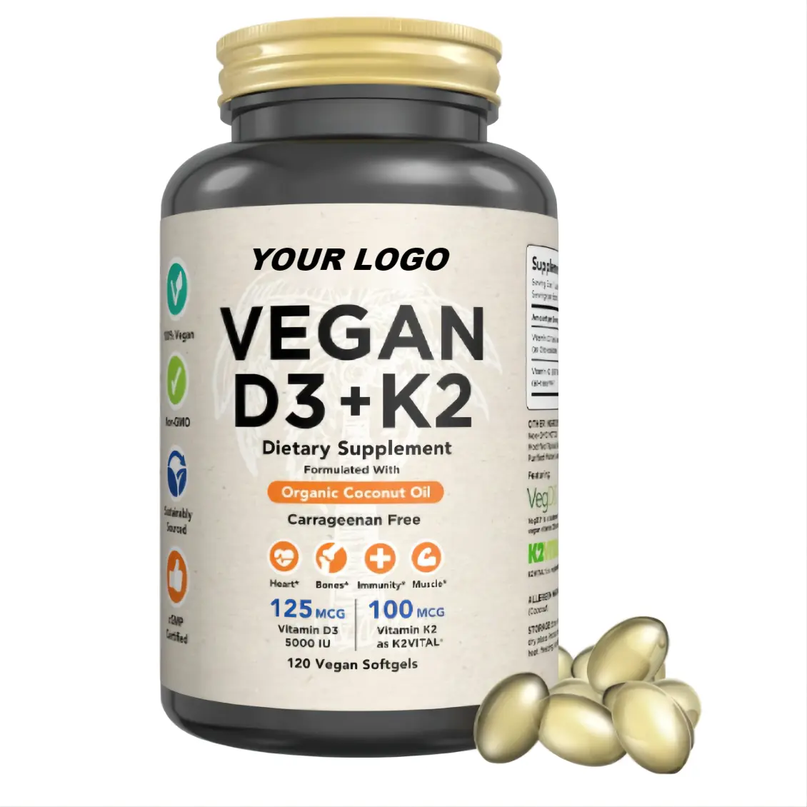 Softgels bio à base de plantes végétaliennes de qualité supérieure D3 K2 5000 IU vitamine D d'algues All-Trans MK7 vitamine K