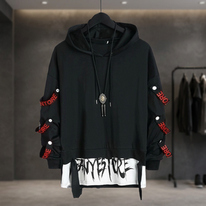 เสื้อฮู้ดโอเวอร์ไซส์สีดำสไตล์ลำลองสำหรับผู้ชาย แนวเทคแวร์ ฮิปฮอป ฮาราจูกุ แต่งลายปะติดแบบญี่ปุ่น ผ้าฟลีซ เหมาะสำหรับฤดูใบไม้ร่วง - Product Image 3