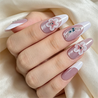 Faux ongles à presser en amande, motif fleur 3D, perle mauve, strass bleus, brillants, vente en gros, étiquette privée personnalisée