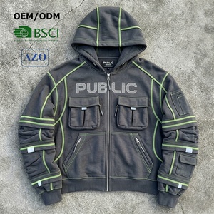 Fabricante OEM de Sudaderas con Capucha de Alta Gama Personalizadas, Sudadera con Capucha para Hombre con Cierre, Diseño Oversize con Pedrería, Múltiples Bolsillos y Costuras en Contraste - Product Image 1