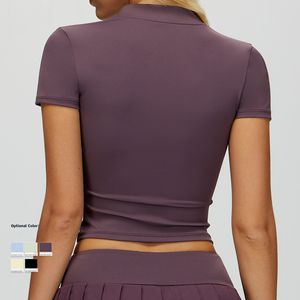T-shirt Sportiva da <span class=keywords><strong>Donna</strong></span> a Maniche Corte con Collo Alto e <span class=keywords><strong>Mezza</strong></span> Zip, Traspirante ed Elasticizzata, Top Corto per Allenamento e Palestra - Product Image 2
