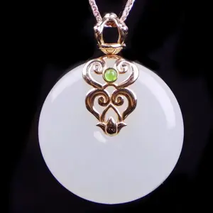 Peace Buckle Tradition Design Shapes Pendant For Wholesale 18K gold inlaid Hetian mutton fat white jade safety buckle pendant